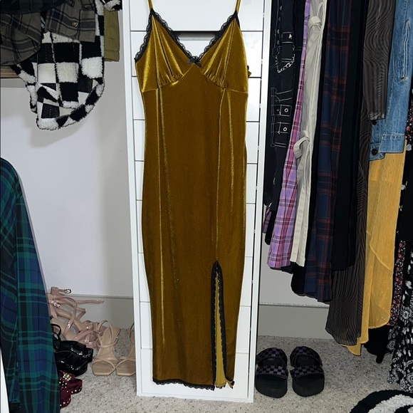 Gold Maxi Slip Dress with V-Neck for Cocktail - Picture 2 of 7